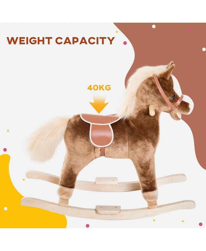 Qaba Kids Rocking Horse, Plush Toddler Rocker, Wooden Base Ride On Toy