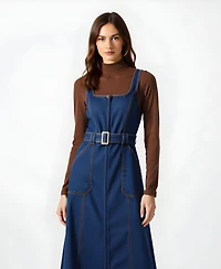 Modenaire Women's Square-Neck Zip-Front Denim Midi Dress with Belt