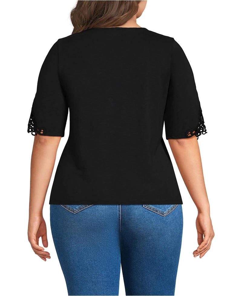 Lands' End Plus Elbow Sleeve Slub Lace Trim T-Shirt