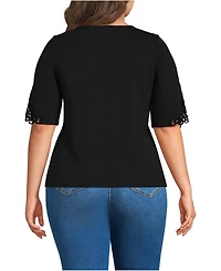 Lands' End Plus Elbow Sleeve Slub Lace Trim T-Shirt