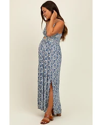 Pinkblush Maternity Blue Floral V-Neck Twist Front Keyhole Maxi Dress