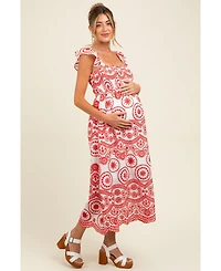 Pinkblush Maternity Red Embroidered Smocked Cutout Midi Dress