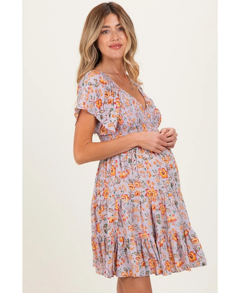 Pinkblush Maternity Lavender V Neck Smocked Bodice Floral Print Dress