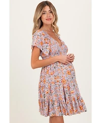 Pinkblush Maternity Lavender V Neck Smocked Bodice Floral Print Dress