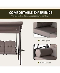 Outsunny Outdoor Patio 3-Person Steel Canopy Cushioned Seat Bench Swing with Included Side Trays & Padded Comfort, Brown
