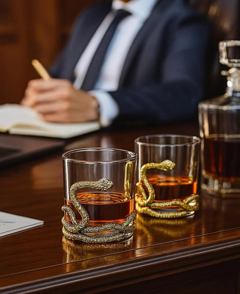 The Wine Savant Gold Snake Whiskey Glasses, Set of 2
