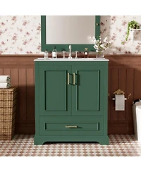 Sillysis 30 Inch Bathroom Vanity with Ceramic Sink, Solid Wood Frame, Soft Close Doors, Drawer and Double Door Shelves