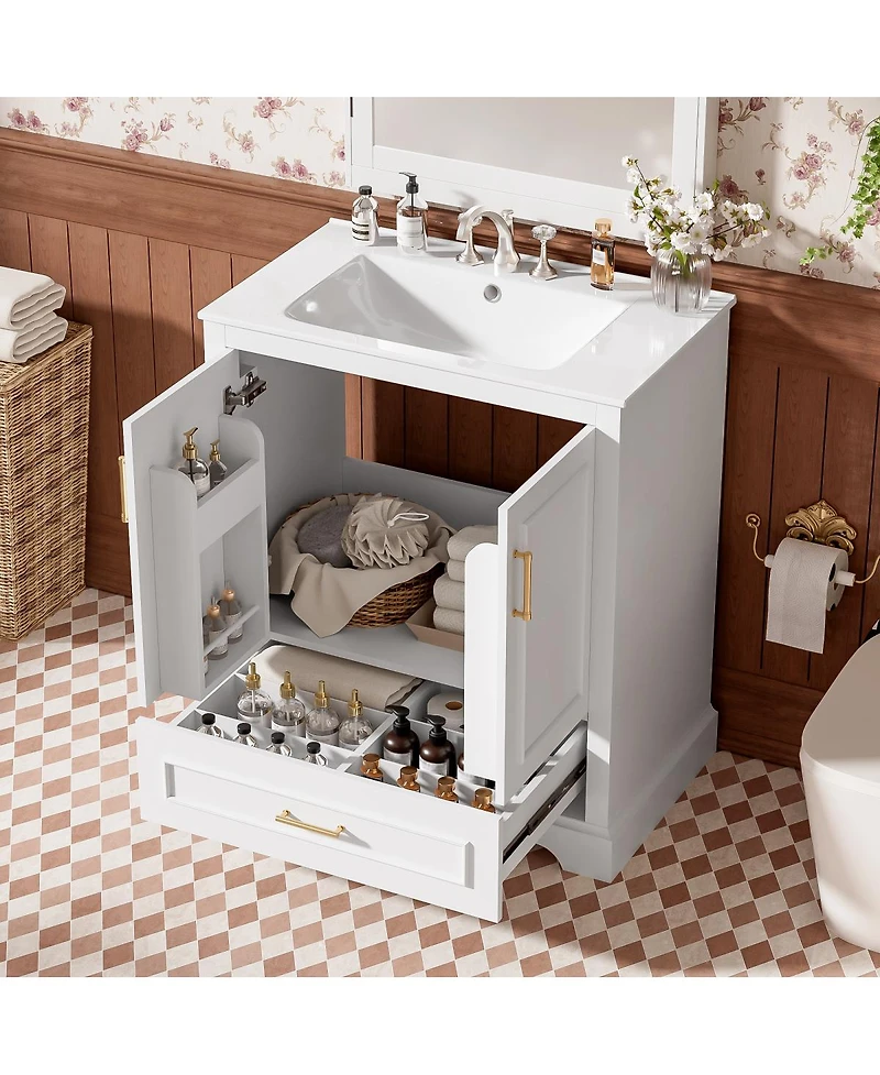 Sillysis 30 Inch Bathroom Vanity with Ceramic Sink, Solid Wood Frame, Soft Close Doors, Drawer and Double Door Shelves