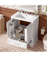 Sillysis 30 Inch Bathroom Vanity with Ceramic Sink, Solid Wood Frame, Soft Close Doors, Drawer and Double Door Shelves