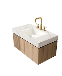 Busdays 36" floating bathroom vanity with sink, plywood cabinet, drawer and door, Carrara white sintered stone top, ceramic basin, pre assembled