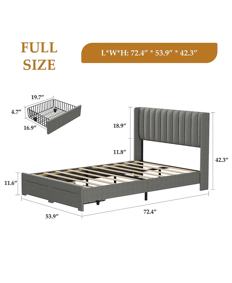 gaomon Velvet Wingback Platform Bed with 2 Storage Drawers Upholstered Bed Frame, Wooden Slats, No Box Spring Needed