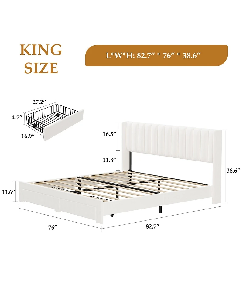 gaomon Velvet Wingback Platform Bed with 2 Storage Drawers Upholstered Frame, Wooden Slats, No Box Spring Needed