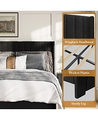 gaomon Velvet Wingback Platform Bed with 2 Storage Drawers Upholstered Bed Frame, Wooden Slats, No Box Spring Needed