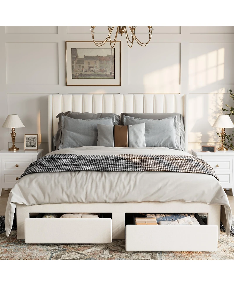 gaomon Velvet Wingback Platform Bed with 2 Storage Drawers Upholstered Bed Frame, Wooden Slats, No Box Spring Needed