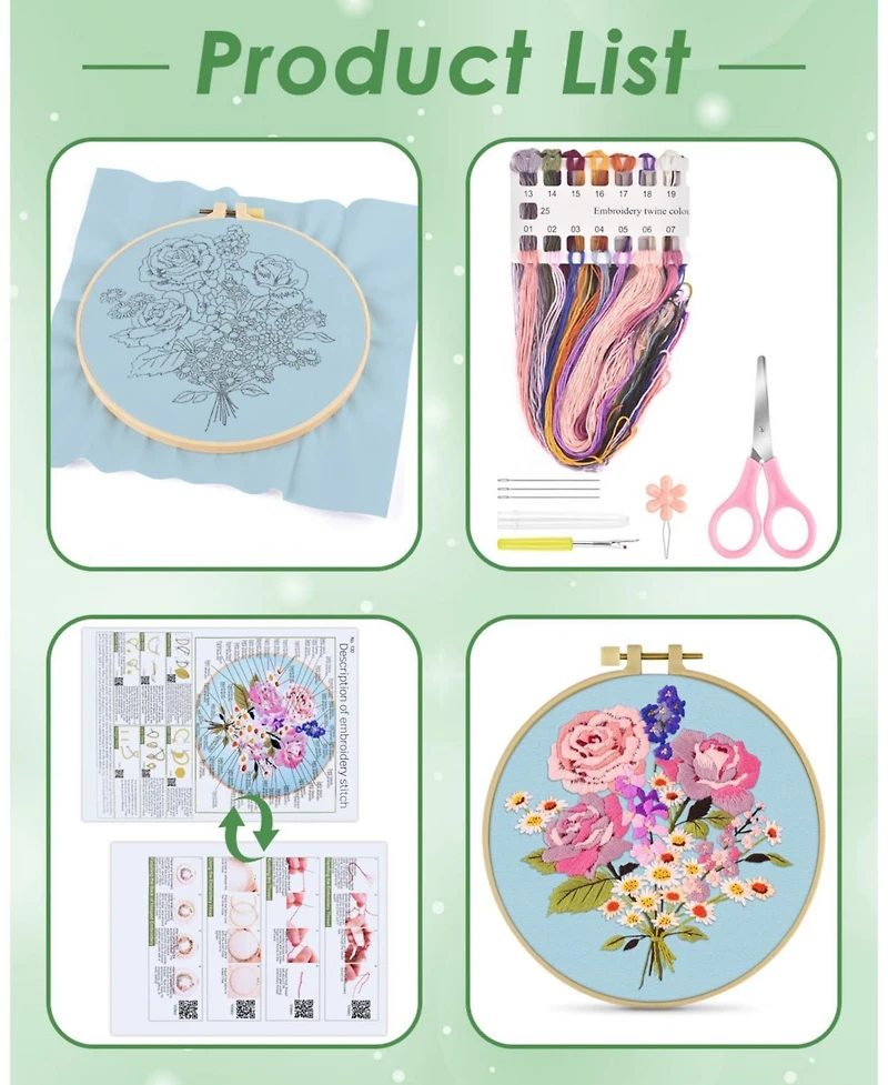 Embroidery Kit Beginners Flower Cross Cloth Hoops Threads