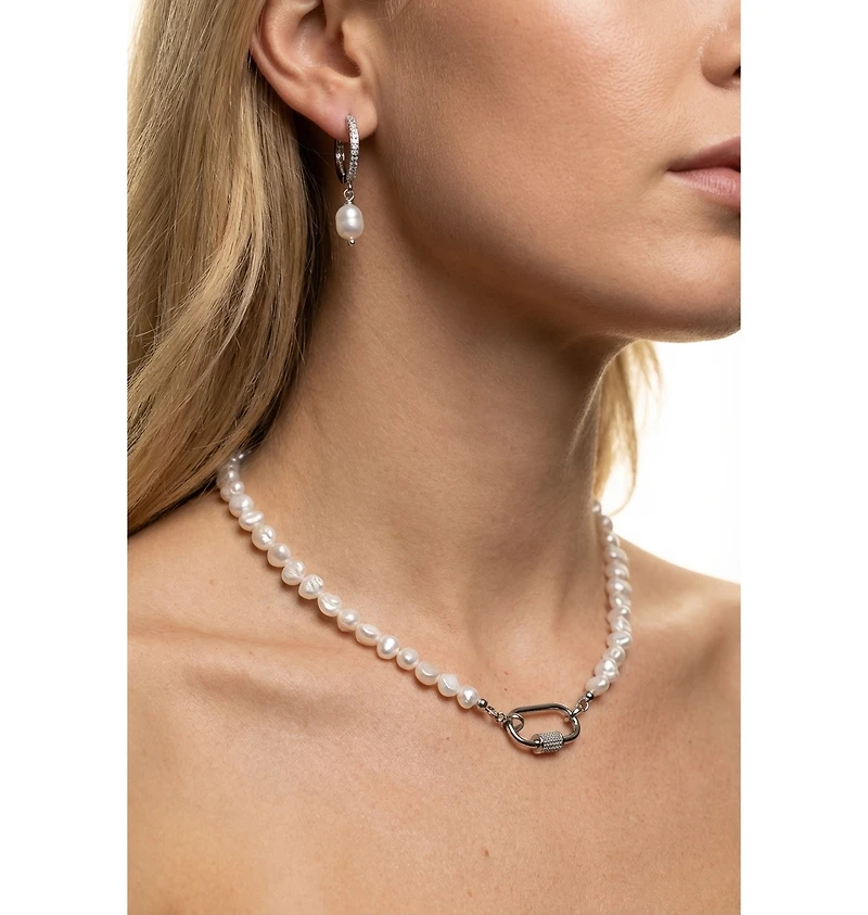 Joey Baby Baroque Pearl Silver-Tone Stainless Steel Necklace And Huggie Earring Set