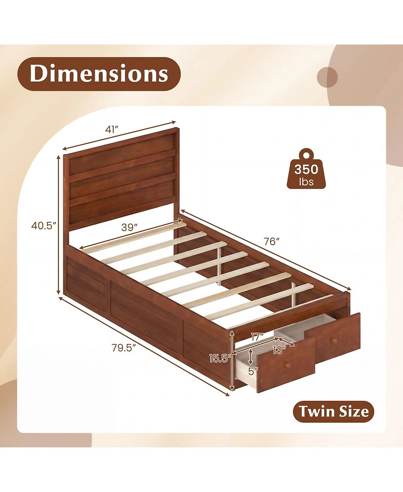 Slickblue Twin Bed Frame with Built-in Storage Drawers and Headboard
