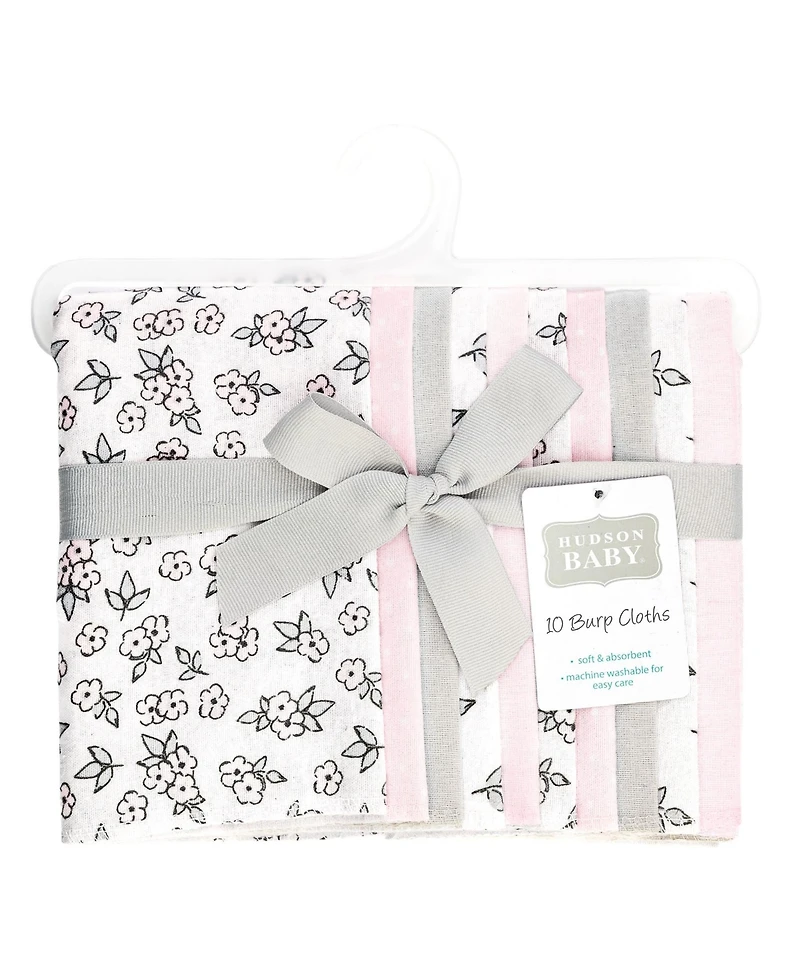 Hudson Baby Girl Cotton Poly Flannel Burp Cloths 10-Pack, Pink Primrose, One Size