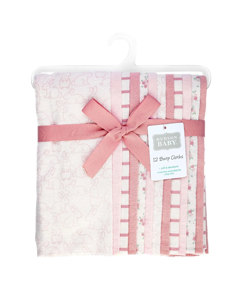 Hudson Baby Girl Cotton Poly Flannel Burp Cloths Bundle 12-Pack, Wispy Wild Flower Bunny, One Size