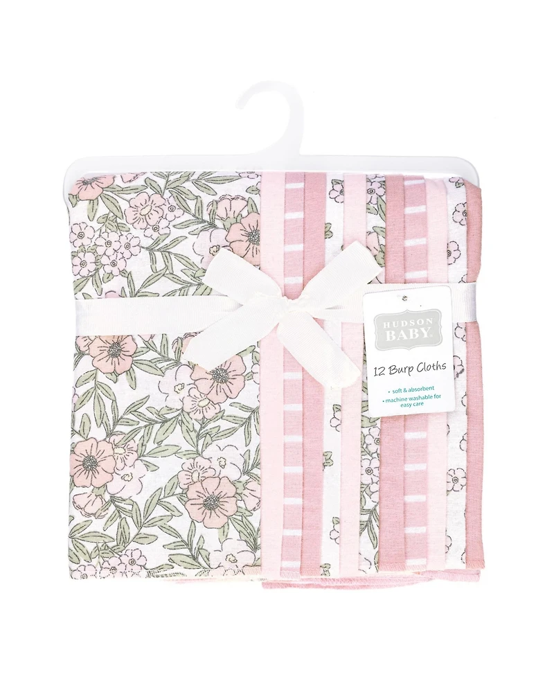 Hudson Baby Girl Cotton Poly Flannel Burp Cloths Bundle 12-Pack, Soft Pink Floral, One Size