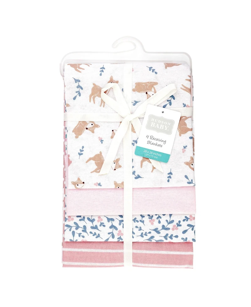 Hudson Baby Girl Cotton Poly Flannel Receiving Blankets 4-Pack, Loves Me Deerly, One Size