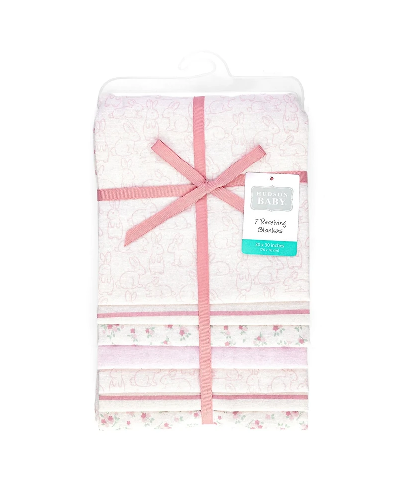 Hudson Baby Girl Cotton Poly Flannel Receiving Blankets Bundle 7-Pack, Wispy Wild Flower Bunny, One Size