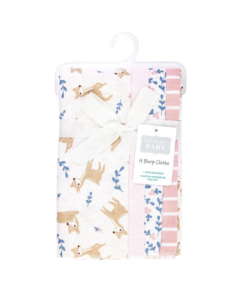 Hudson Baby Girl Cotton Poly Flannel Burp Cloths -Pack, Loves Me Deerly