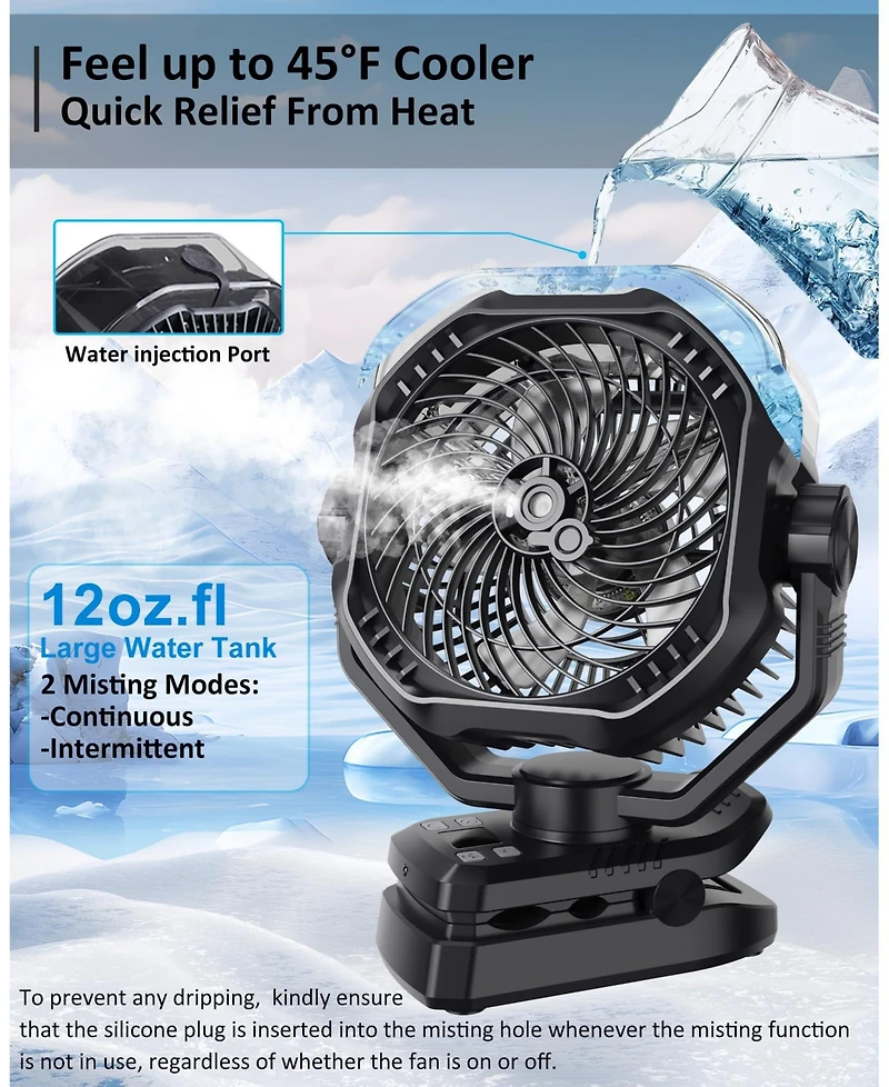 Gnuadz Portable Rechargeable Misting Camping Fan Remote Timer Light Clip 10000mAh