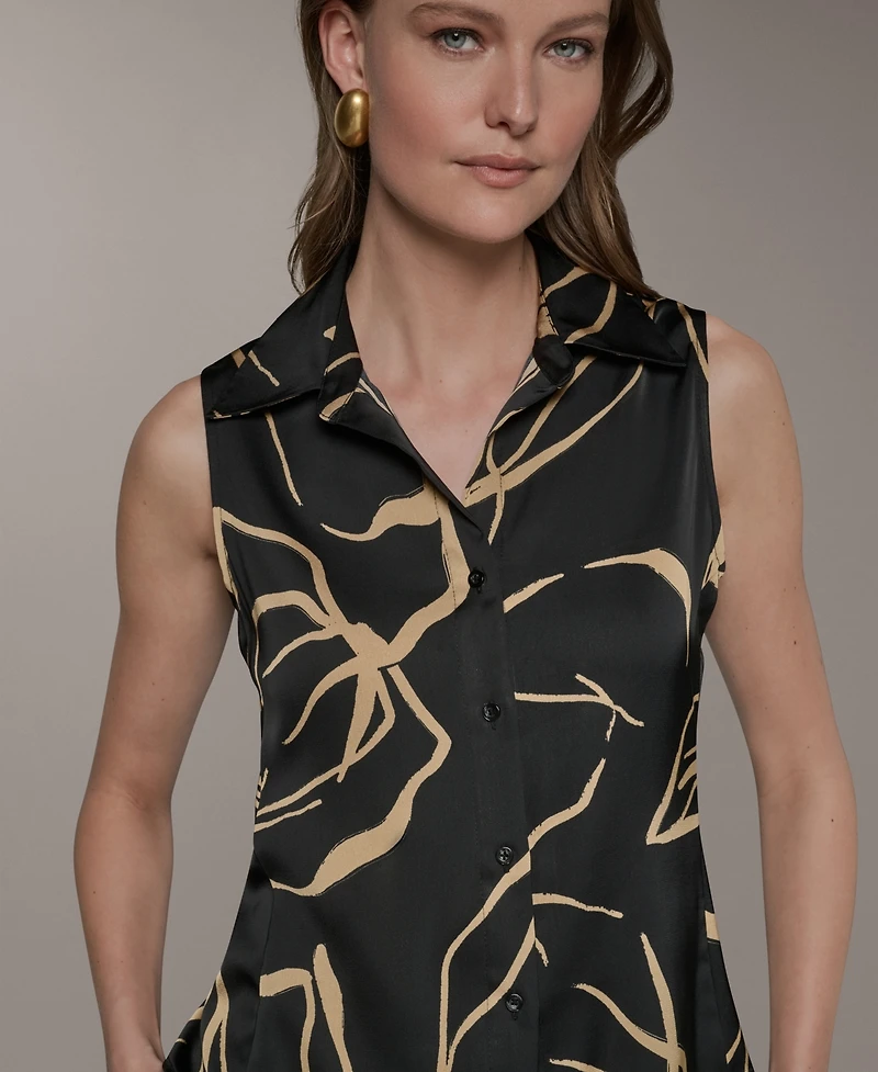 Donna Karan New York Petite Collared Neck Printed Top