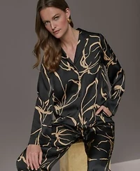 Donna Karan New York Petite Long Sleeve Collared Neck Top Printed Wide Leg Pants