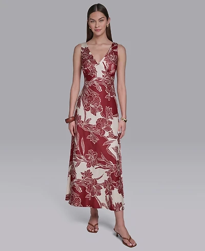Halston Women's Sleeveless Hibiscus Printed V-Neck Maxi Dress