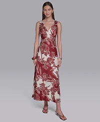 Halston Women's Sleeveless Hibiscus Printed V-Neck Maxi Dress