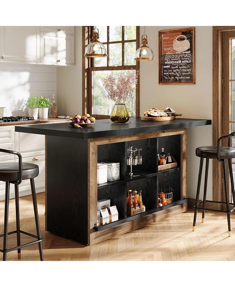 Tribesigns Kitchen Island with Storage, Farmhouse Table 6-Cubby Open Shelves and Metal Foot Rail