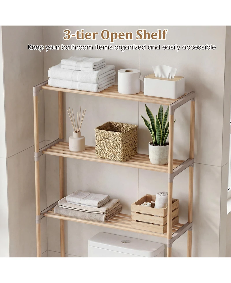Gymax Over The Toilet Storage Rack 3-Tier Pine Wood Bathroom Organizer w/ Open Shelves