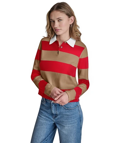 Dkny Jeans Women's Long-Sleeve Logo Charm Multi-Stripe Cotton Polo Sweater