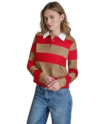 Dkny Jeans Women's Long-Sleeve Logo Charm Multi-Stripe Cotton Polo Sweater