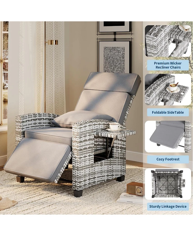GarveeLife Outdoor Wicker Recliner Chair with 145degree(s) Adjustable Backrest and Footrest, Flip-Up Side Table, Removable Cushion
