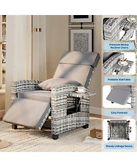 GarveeLife Outdoor Wicker Recliner Chair with 145degree(s) Adjustable Backrest and Footrest, Flip-Up Side Table, Removable Cushion