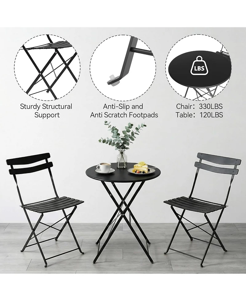 GarveeLife 3-Piece Folding Patio Bistro Set, Metal Outdoor Table and 2 Chairs, No Assembly, Space-Saving Compact Design for Balcony, Garden