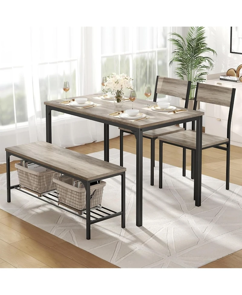 Yiortwo 4-Piece Dining Table Set with Bench, 2 Chairs and Storage Shelf