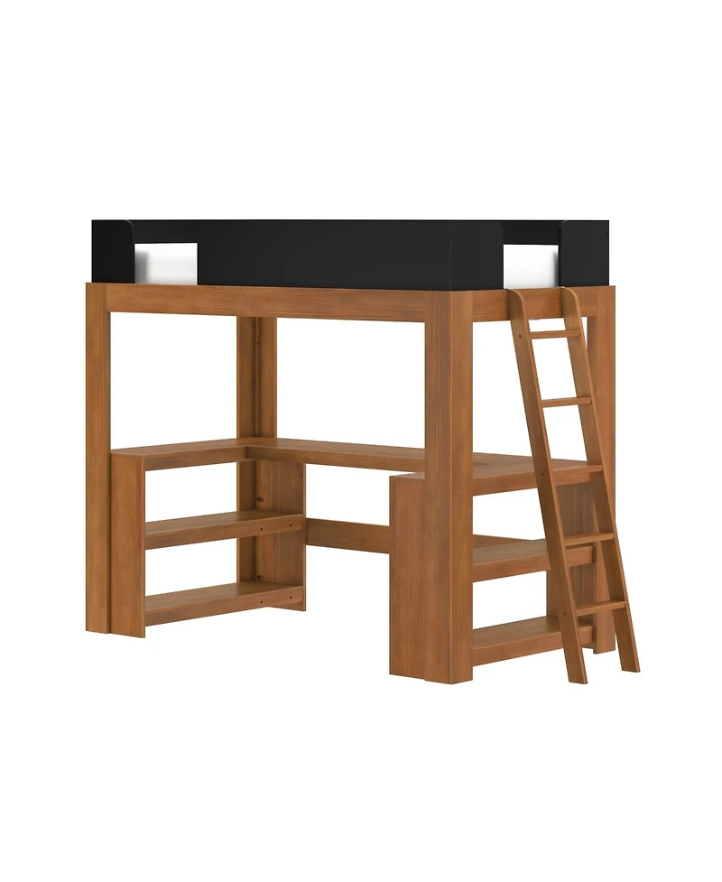 Max and Lily Mid-Century Modern Twin Loft Bed with Wraparound Desk and Shelves