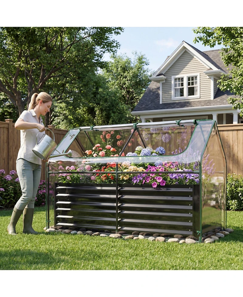 Gymax Galvanized Raised Garden Bed w/ Cover Planter Box Mini Greenhouse Sliver and Clear