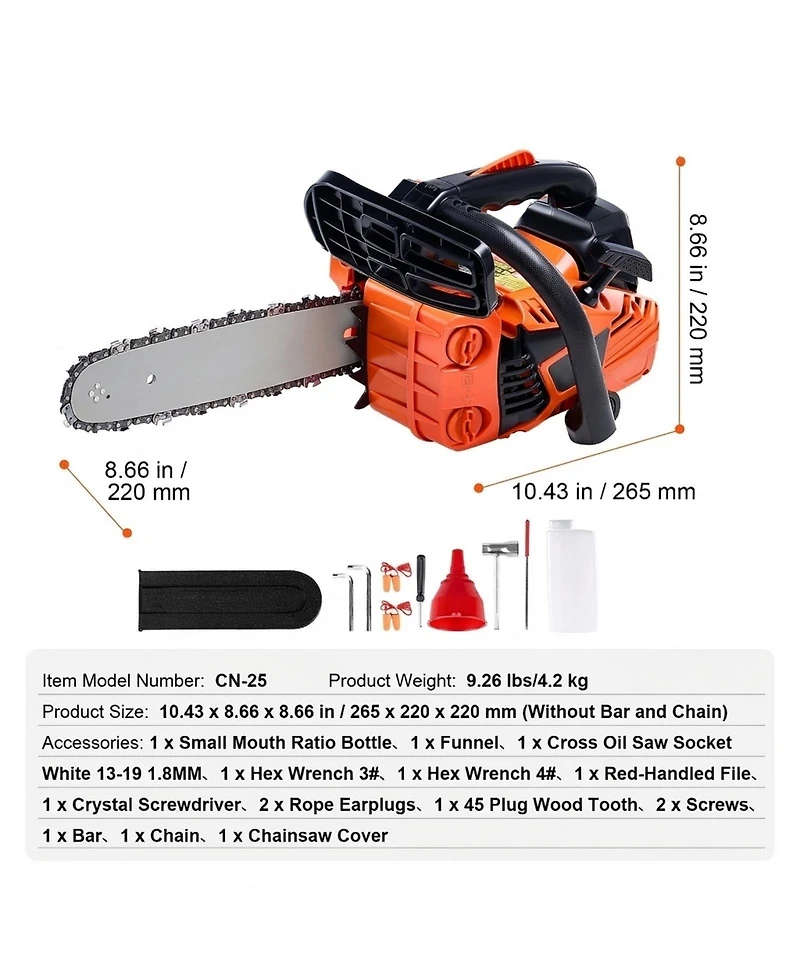 Skonyon 25.4CC 12in 1.2HP Gas Chainsaw for Tree Cutting and Trimming