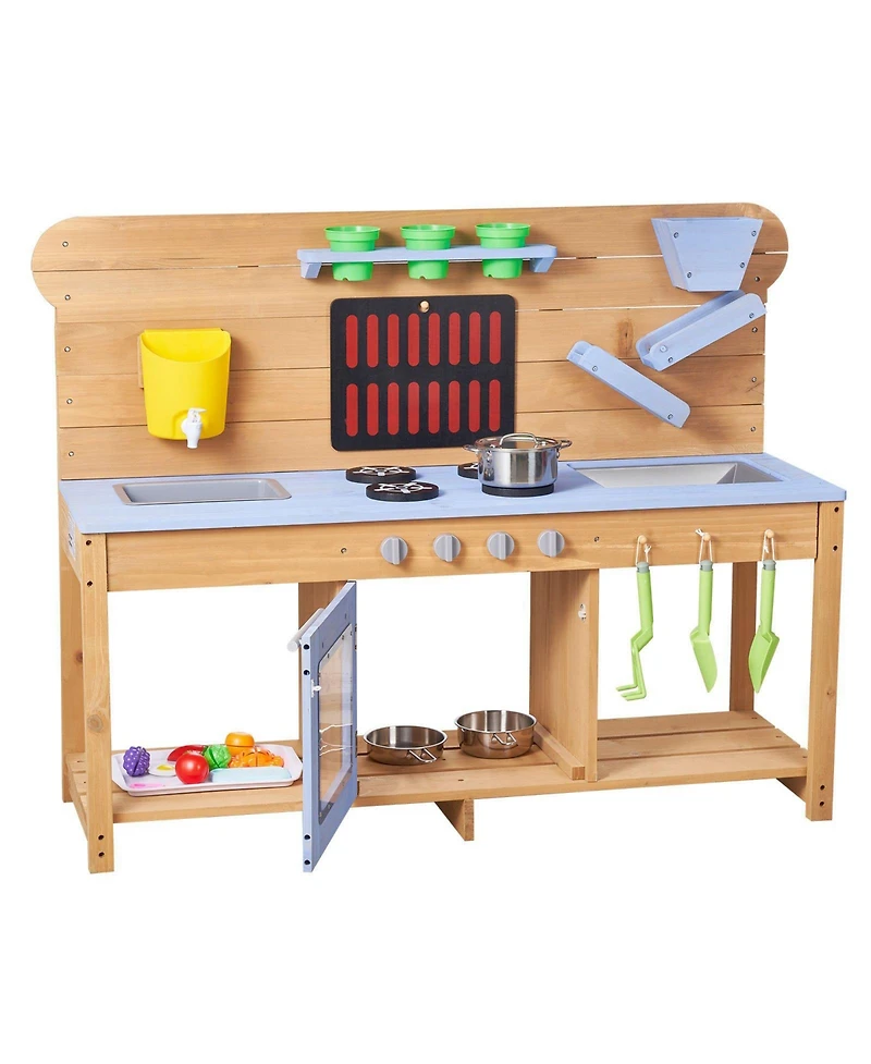 Mecale Wooden Outdoor Mud Kitchen with Double Sinks for Kids, Ages 3