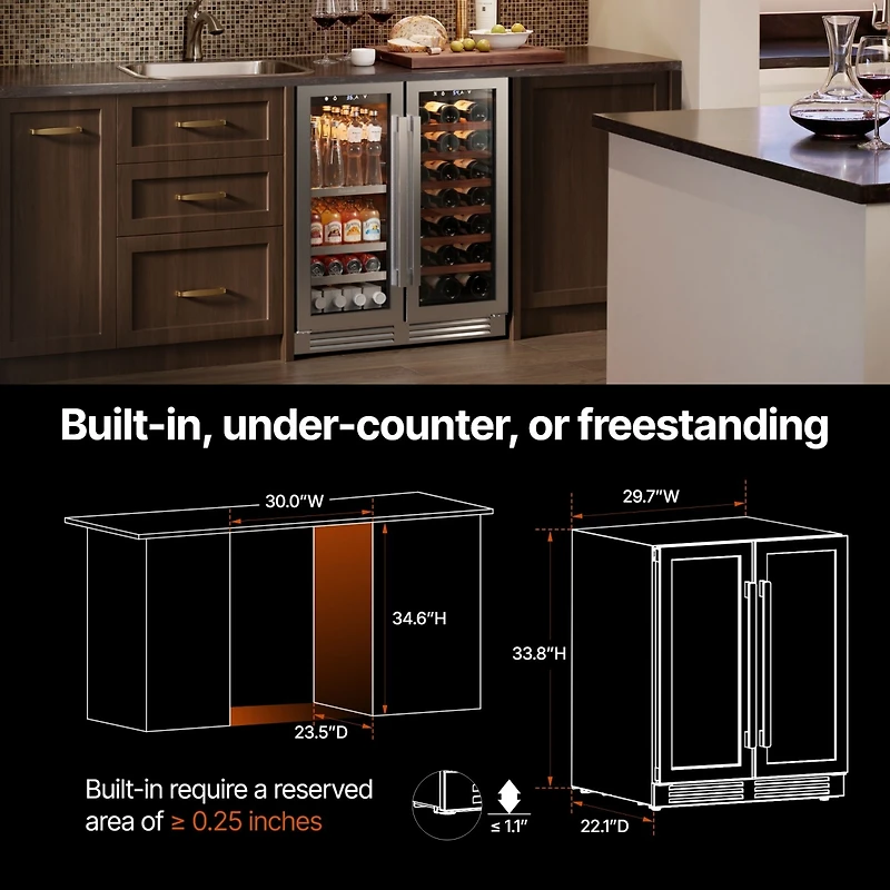 Ca'Lefort 30-inch Wine Beverage Refrigerator, 80 Can and 33 Bottle,Dual Zone, Stainless Steel French Door,for home bar