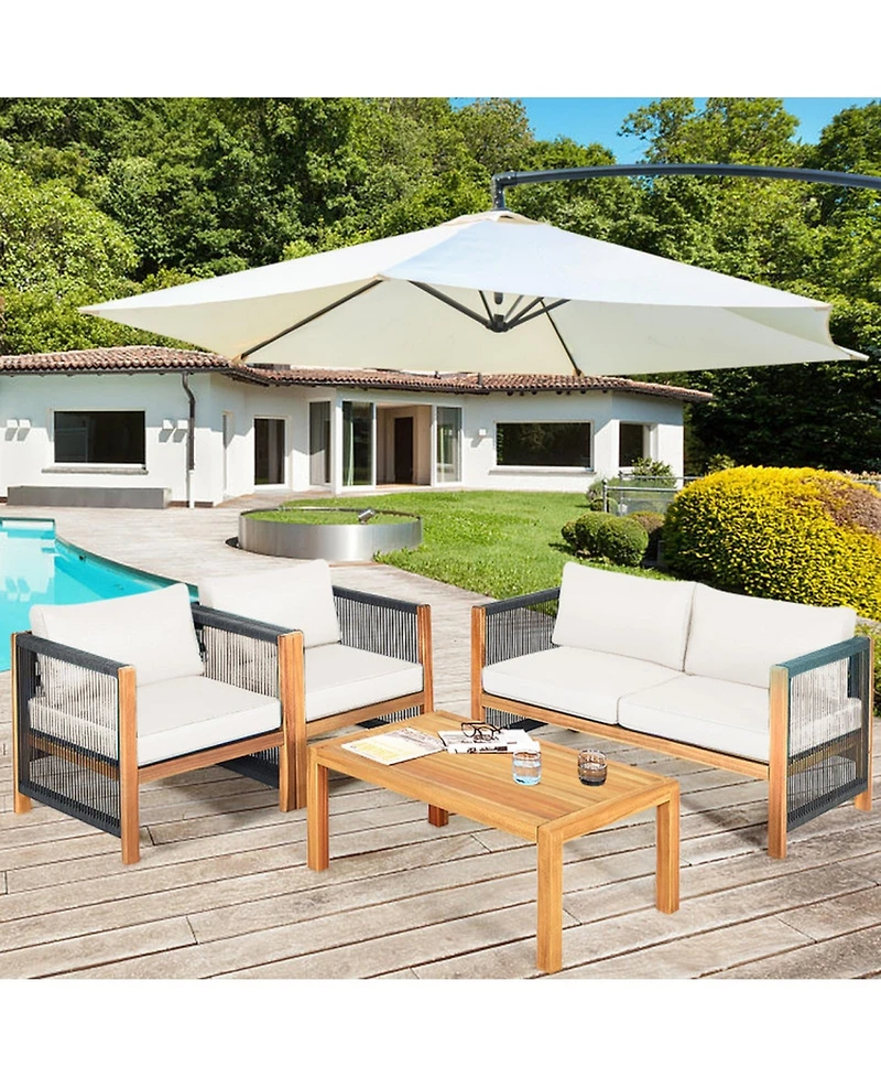 Gouun 4-Piece Outdoor Acacia Wood Patio Conversation Set with Loveseat, 2 Armchairs and Coffee Table