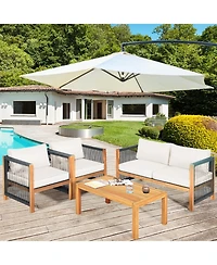 Gouun 4-Piece Outdoor Acacia Wood Patio Conversation Set with Loveseat, 2 Armchairs and Coffee Table