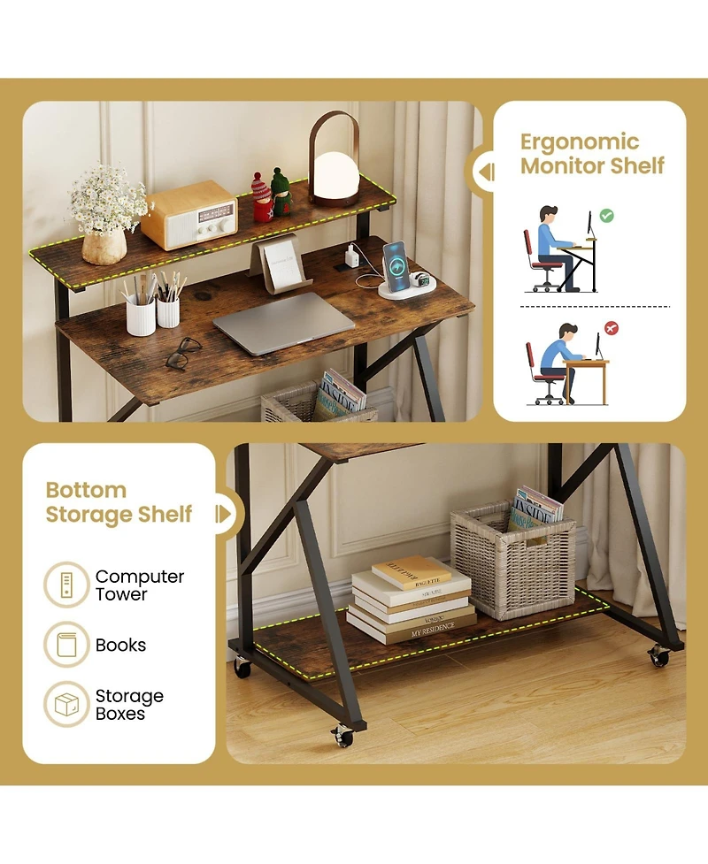 Mecale Rolling Computer Desk with Charging Station and Monitor Shelf, Home Office Storage Desk