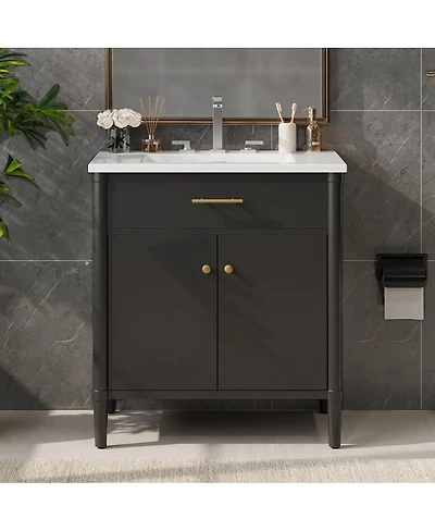 Sillysis 31 Inch Modern Freestanding Bathroom Vanity with Ceramic Sink, Mdf Cabinet, Soft Close Doors, Solid Wood Legs-Sillysis