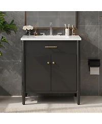 Sillysis 31 Inch Modern Freestanding Bathroom Vanity with Ceramic Sink, Mdf Cabinet, Soft Close Doors, Solid Wood Legs-Sillysis